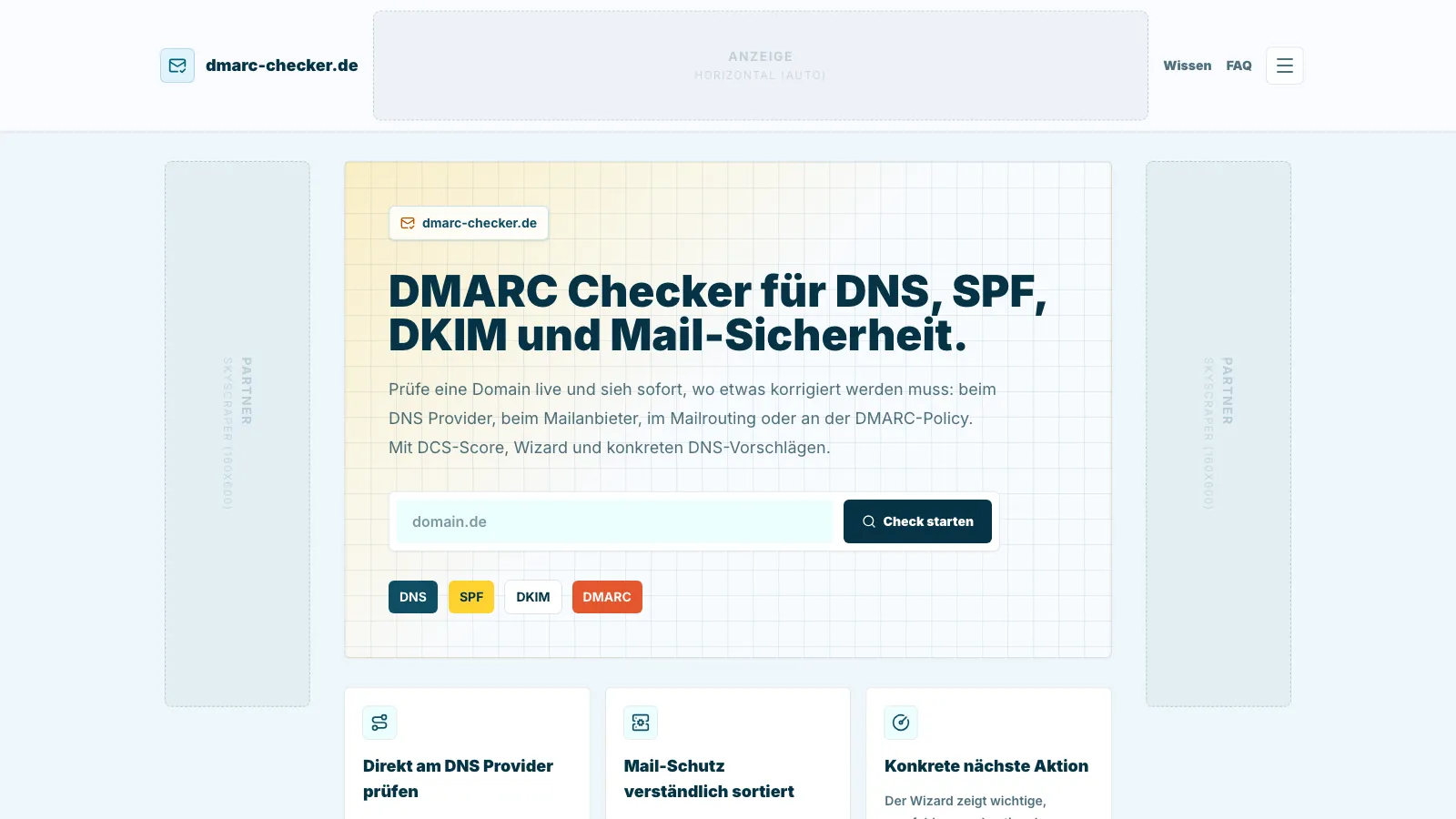 Screenshot dmarc-checker.de — Eingabemaske mit Domain-Feld, SPF/DKIM/DMARC-Badges und Check-Wizard