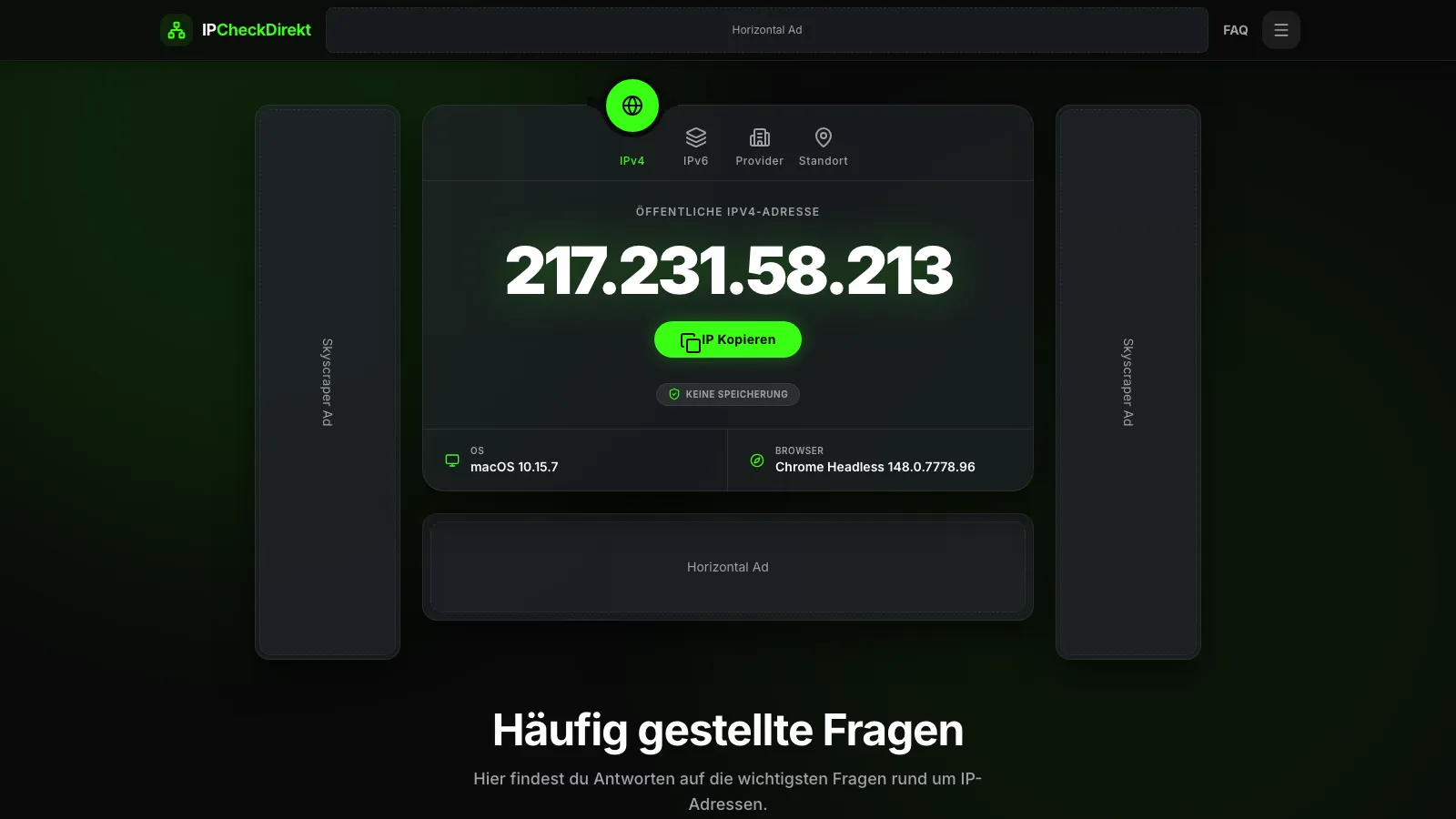 Screenshot-Platzhalter von ipcheckdirekt.de mit großer IP-Adress-Anzeige, Browser-Chrome und klarem minimalem Layout
