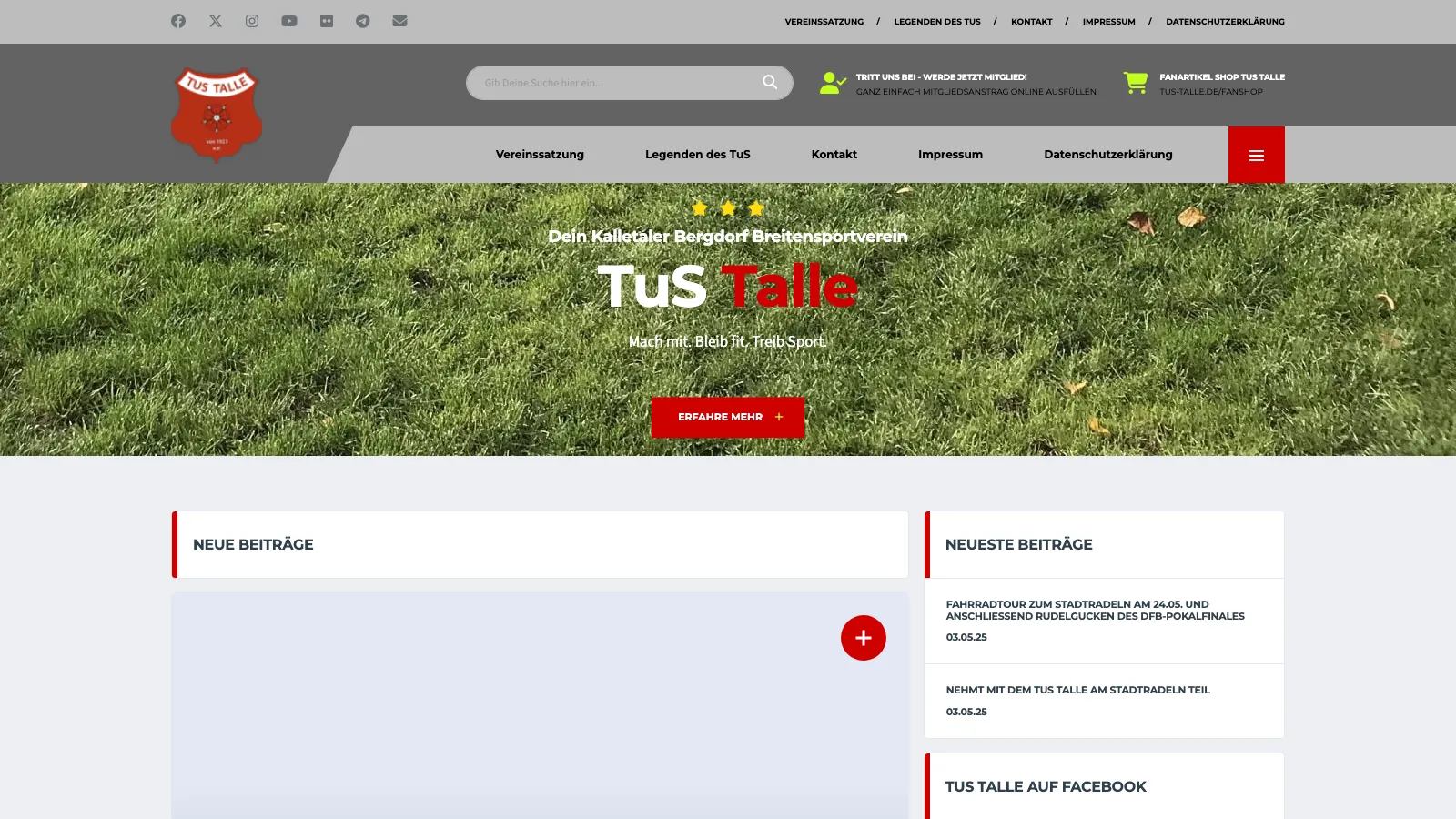 Screenshot-Platzhalter der TuS Talle e.V. Website mit Vereinslogo, Navigationsleiste und Sportfotos auf der Startseite
