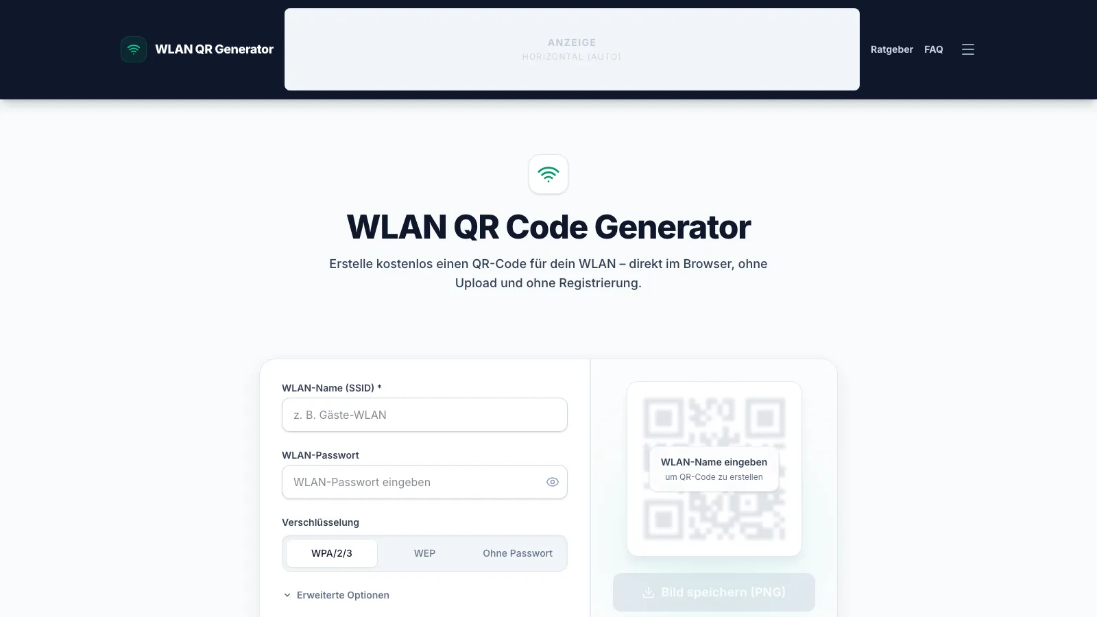 Screenshot wlan-qr-code-erstellen.de — Formular mit SSID und Passwortfeld, QR-Code-Vorschau rechts daneben
